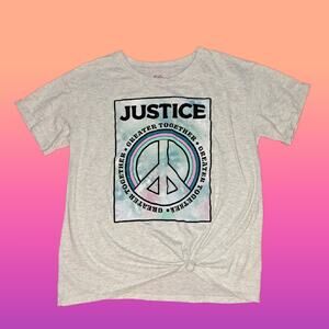 Justice Girls Large Peace Sign Greater Together Gray Roll Cuff Side Tie Tee